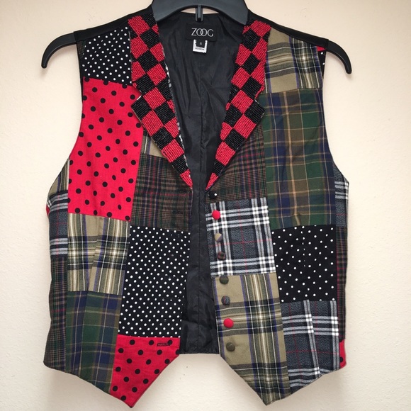 ZOOG Tops - ZOOG Tuxedo Vest Red Black Beaded Collar Patchwork